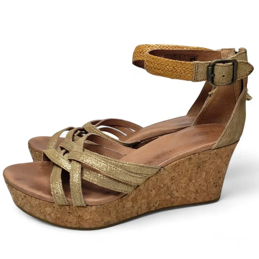 Ugg Lillie Platform Wedge Women's Metallic Gold Woven Strap Braided Ankle 9.5